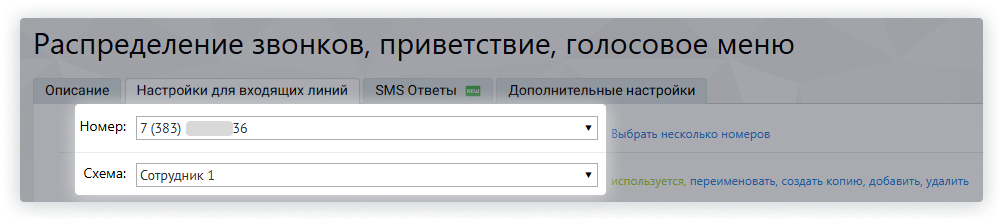 Выделены поля «Номер» и «Схема» в разделе «Распределение звонков, приветствие, голосовое меню»